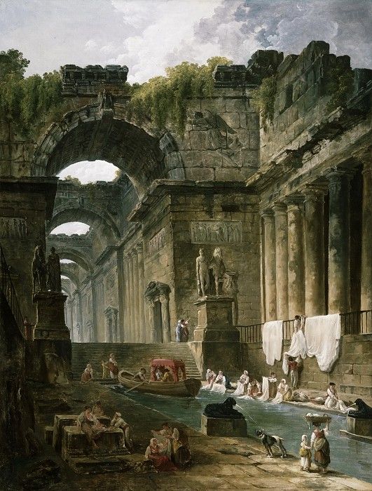 an old painting with people and animals in the water near some ancient ruins or buildings