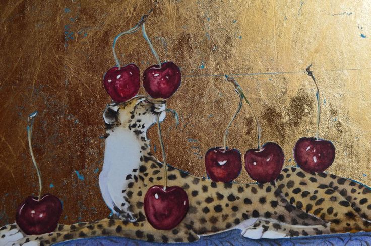 a painting of a cheetah with apples on it