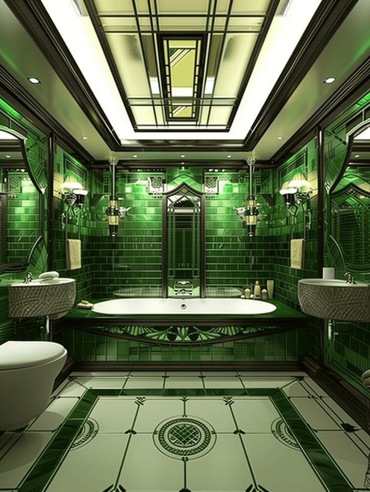 Art Deco Bathrooms: Black and White Tiles Bathrooms Black And White, Art Deco Wall Panelling, Tiled Bath Panel, Art Deco Floor Tiles, Art Deco Bathrooms, Art Deco Floor, Art Deco Tiles, Art Deco Theme, Bathroom Features