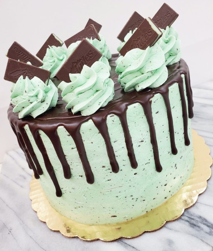 a cake with mint green frosting and chocolate decorations