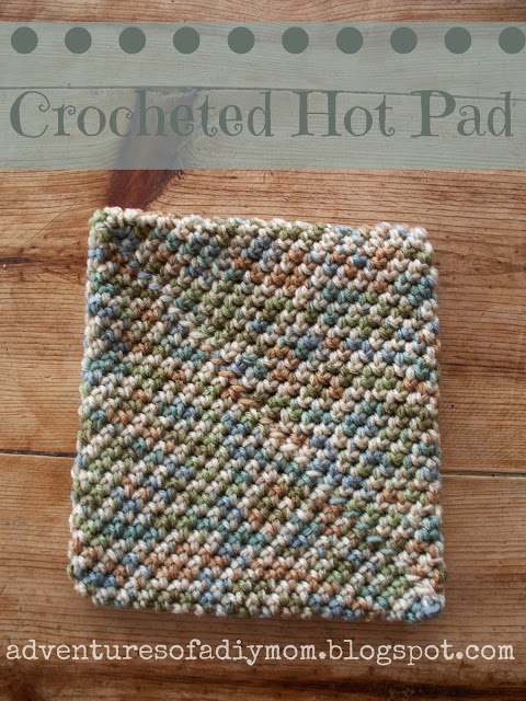 crocheted hot pad sitting on top of a wooden table with text overlay