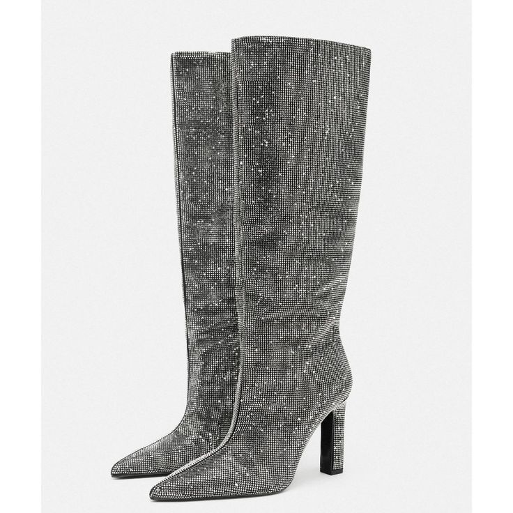 Heeled Knee High Boots. Rhinestone Details At Upper. Thin Heel. Pointed Toe. Heel Height: 3.9 Inches (10 Cm) Silver | 1029/210 Upper 100% Polyester Lining 100% Polyester Sole 100% Polyurethane Thermoplastic Insole 100% Polyurethane Additional Photos Will Be Added. Heeled Knee High Boots, Sparkly Boots, Zara Heels, Zara Shoes, Shoes Heels Boots, Knee High Boots, High Boots, Shoes Women Heels, Knee High