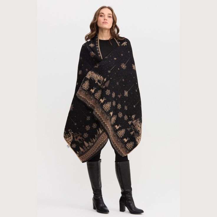 Welcome the festive season with our Cozy Christmas Shawl. Made of the softest 100% polyamide, it's perfect for cold days. It's big too – 80x170 cm, so it wraps you up well. Our shawl has two fun Christmas designs, one on each side. Snowflakes and reindeer on one, trees and ornaments on the other. Great for parties or just to keep warm. This shawl is easy to look after. It stays nice after washes and is a practical choice for the whole winter. Need a unique gift or a treat for yourself? Pick our Christmas Shawl. It's a winter must-have that's both stylish and warm. Features: Soft and durable fabric. Big size for comfort. Two Christmas designs. Keeps color well. Good for gifts or for you. Get this winter essential now and stay cozy in style. Wash Right: Hand wash with sweater soap. No machin Christmas Shawl, Christmas Knit, Winter Scarves, Winter Must Haves, Knit Shawl, Cosy Winter, Festive Collection, Fun Christmas, Knitted Shawls