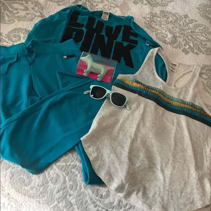 Victoria's Secret Pink Set Sweatshirt Size-Large (But Looks Like Med/ S(Loose Fit) Can Ware, Pants Size-Small( But Looks Like Medium May Ware Also),Bling Tank Size-Xs(But Small & Medium Can Possibly Ware Bec Of Material), Have Another Tank Also, Size-Xs(But S/M Maybe Able To Ware), All Items Gently Worn Maybe 1-2x's Then Just Didn't Ware, I Like 1/2 Zips & Full Zips,Smoke Free Home,Please Ask Any ?’S Before Purchasing. Casual Pink Sweats For Leisure, Trendy Blue Sweatpants For Sports, Athleisure Crew Neck Tank Top For Loungewear, Casual Cotton Tank Activewear, Sporty Tank Top For Spring Loungewear, Sporty Spring Loungewear Tank Top, Sporty Summer Sweatpants For Leisure, Sporty Tank Top For Loungewear, Spring Athleisure Tank Top For Loungewear