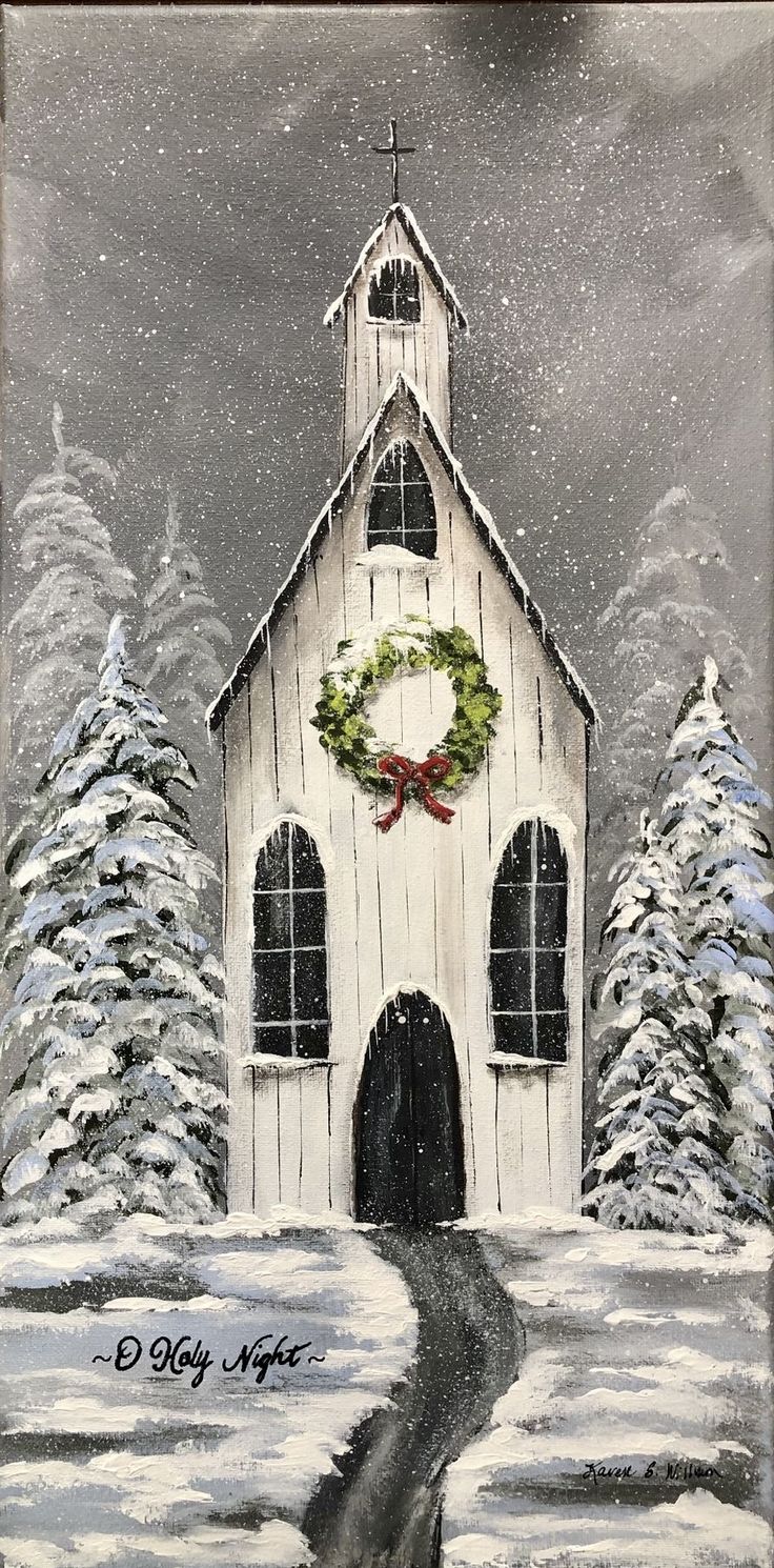 a painting of a white church with wreaths on the front door and snowy trees around it