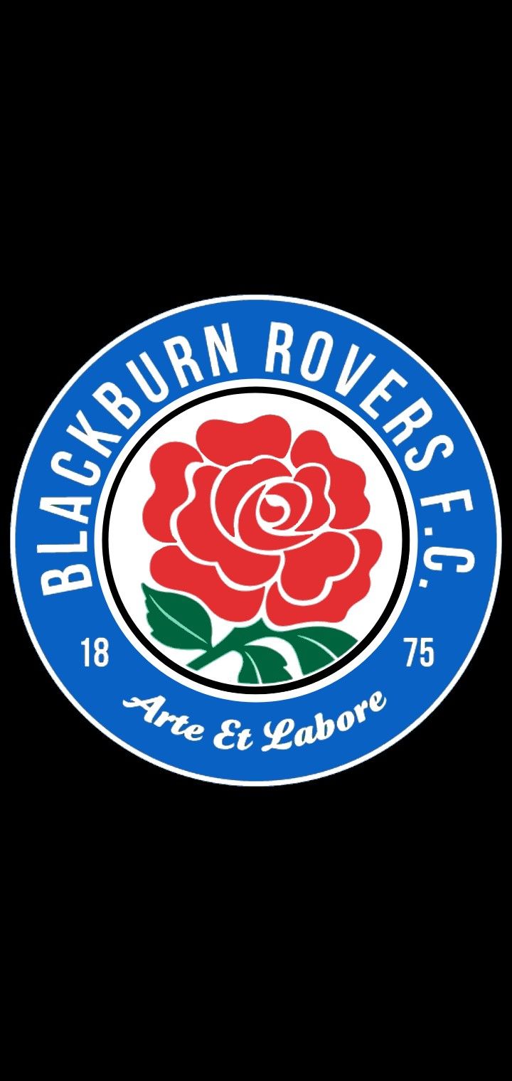 the blackburn rovers logo is shown in blue and white with a red rose on it