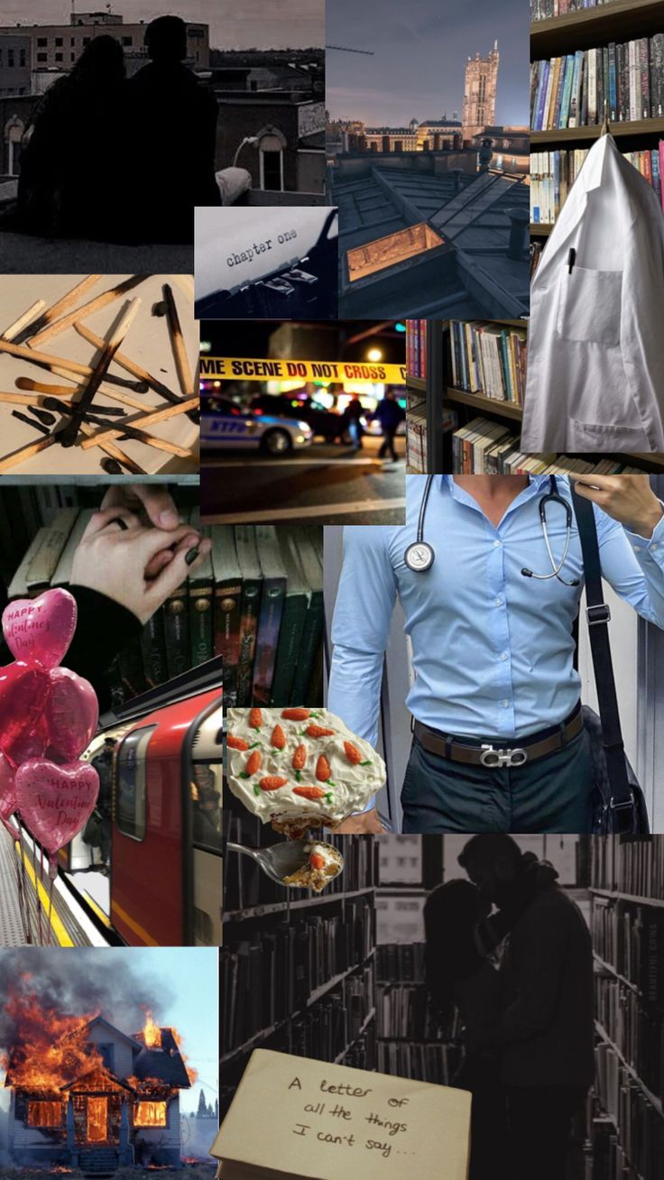 a collage of photos with people and buildings in the background, including bookshelves