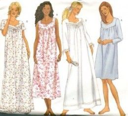 three women's nightgowns, one in white and the other in blue