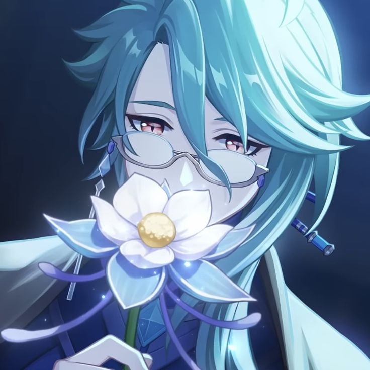 an anime character with blue hair and glasses holding a flower in front of her face