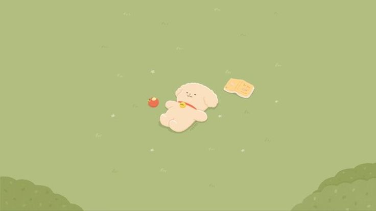 a cartoon character laying on top of a green field next to an apple and sandwich