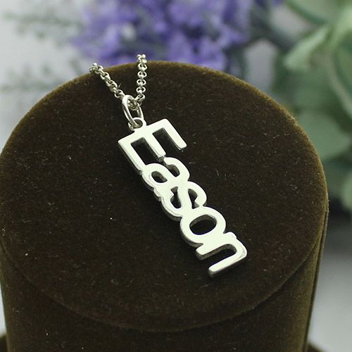 Personalized Vertical Nameplate Necklace Sterling Silver Custom Name Silver Jewelry In Stainless Steel, Silver Pendant Name Necklace, Silver Stainless Steel Custom Name Jewelry, Silver Engraved Metal Name Necklace, Silver Engraved Name Necklace, Personalized Silver Stainless Steel Necklace, Silver Stainless Steel Necklace For Personalized Gift, Silver Anniversary Name Necklace, Elegant Metal Name Necklace For Mother's Day