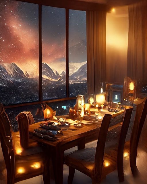 a dining room table with candles lit up in front of a window overlooking the mountains