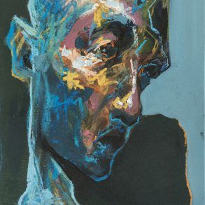 an oil painting of a man's face with blue and yellow paint on it