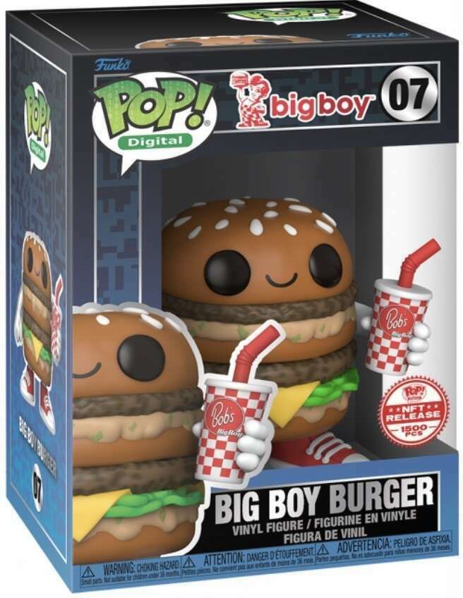 the pop vinyl figure is holding a drink and hamburger in it's hand,