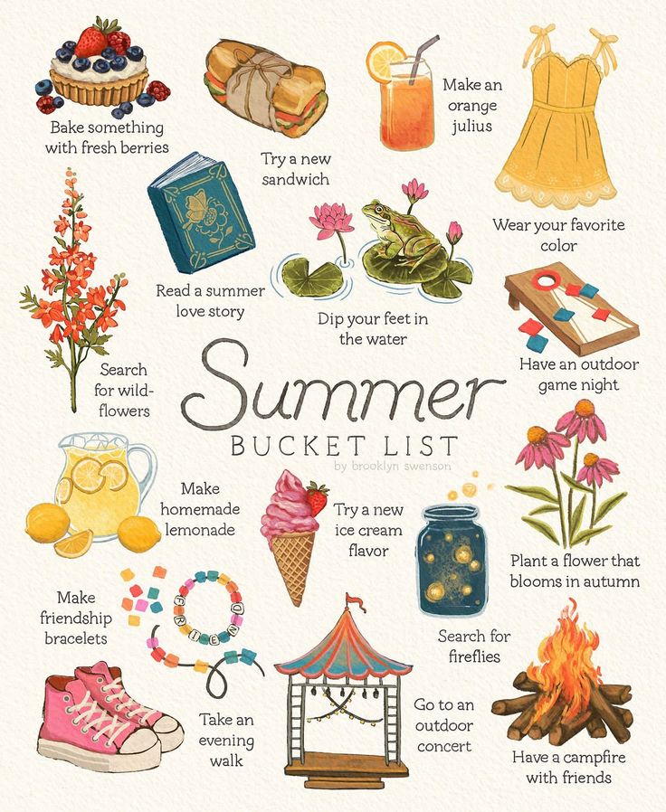 a poster with the words summer bucket list written in it's center surrounded by various items