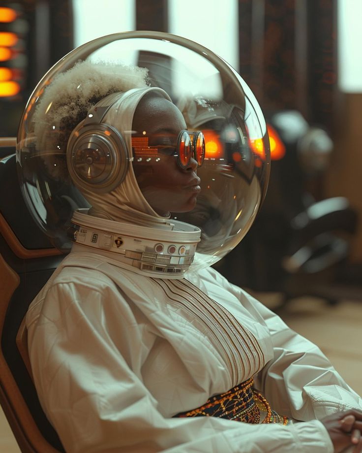 a woman in an astronaut suit sitting on a chair with her head covered by a bubble