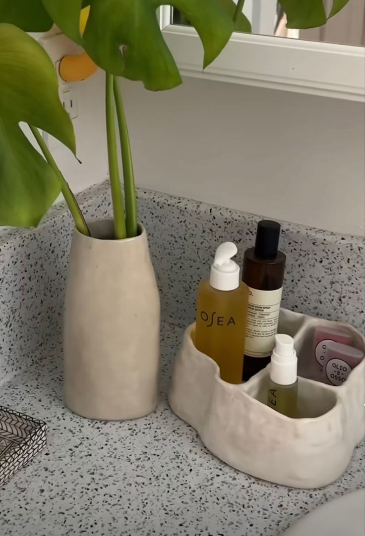 a plant in a white vase sitting on top of a counter next to bottles and soaps