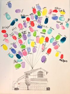 a child's drawing of a house with balloons in the shape of a tree