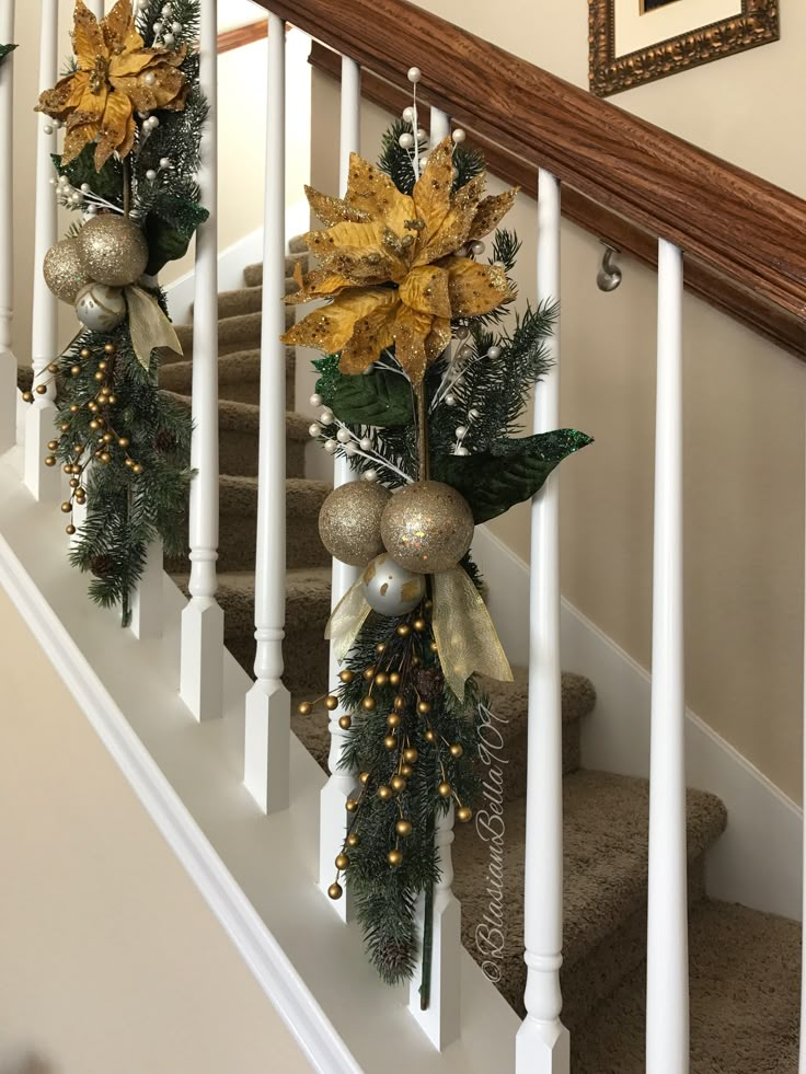 christmas decorations are hanging on the banisters