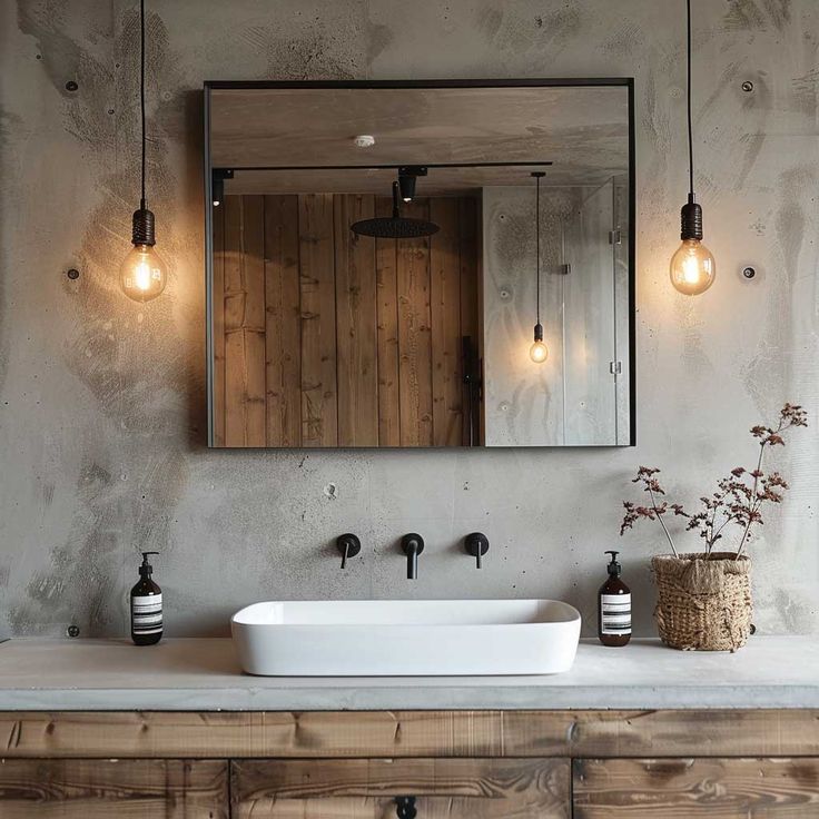 a bathroom sink sitting under a large mirror next to a wooden cabinet with lights on it