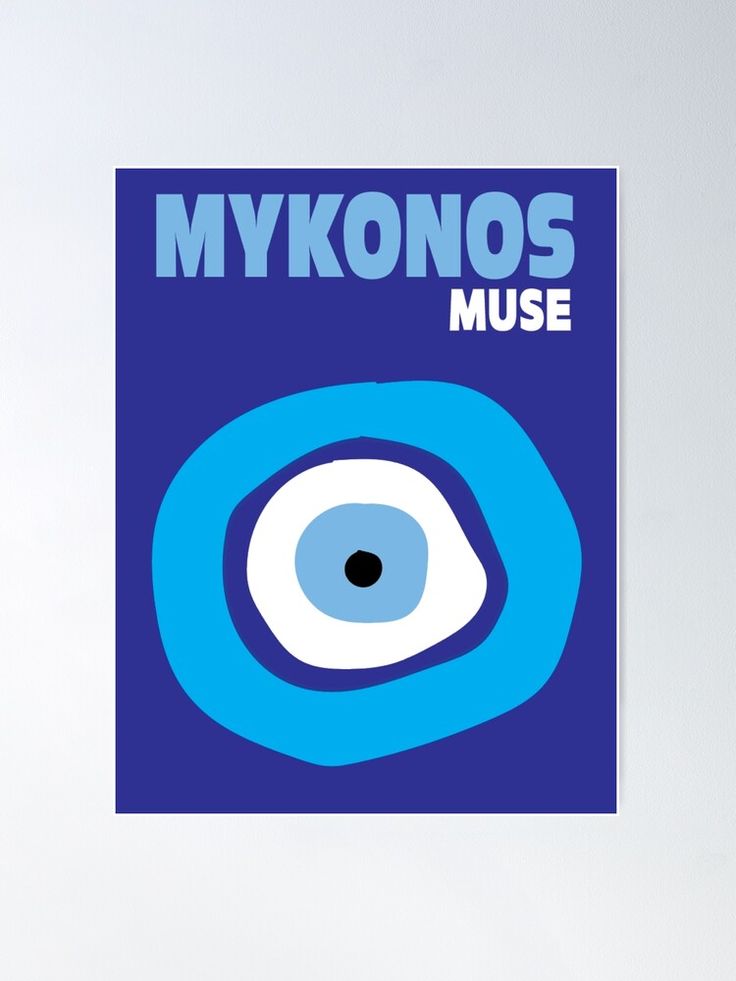 a blue poster with the words mykonos museum on it and an eyeball