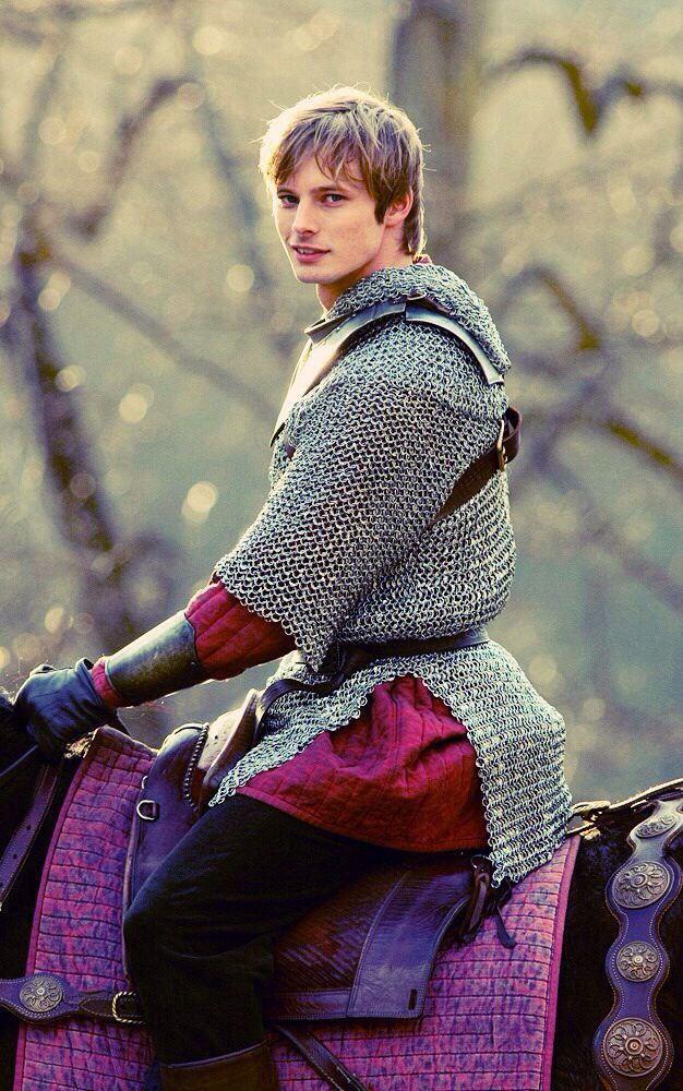 a young man dressed in medieval clothing sitting on top of a brown and purple horse