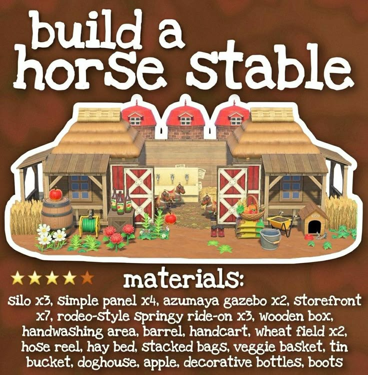 an advertisement for a horse stable with horses and farm animals in the front, along with text describing how to build a horse stable