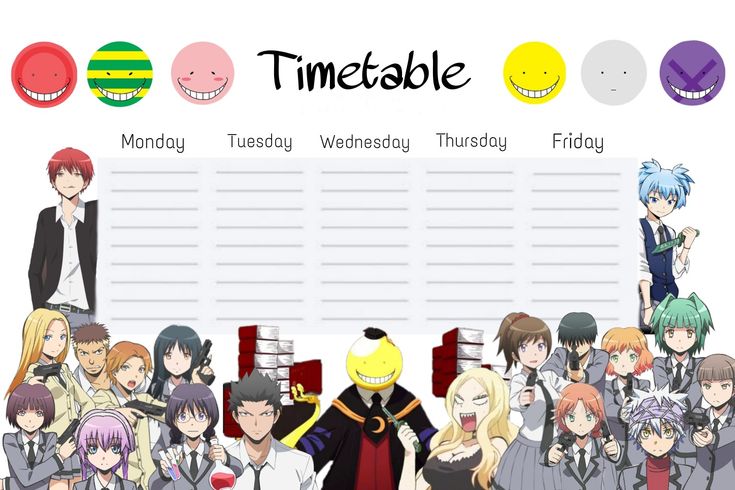 an image of a group of people with anime characters in the background and text that reads time table