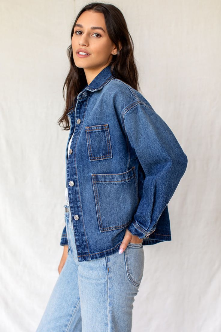 Japanese workwear inspired Cotton denim Drop shoulder Button front Patch pockets Button at cuff Great boxy shape Made in LA Japanese Workwear, Utility Shirt, 5 S, Shirt Jacket, Drop Shoulder, Patch Pocket, Work Wear, Cuff