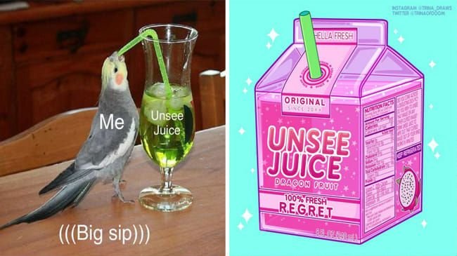 a bird sitting on top of a wooden table next to a box of unsee juice