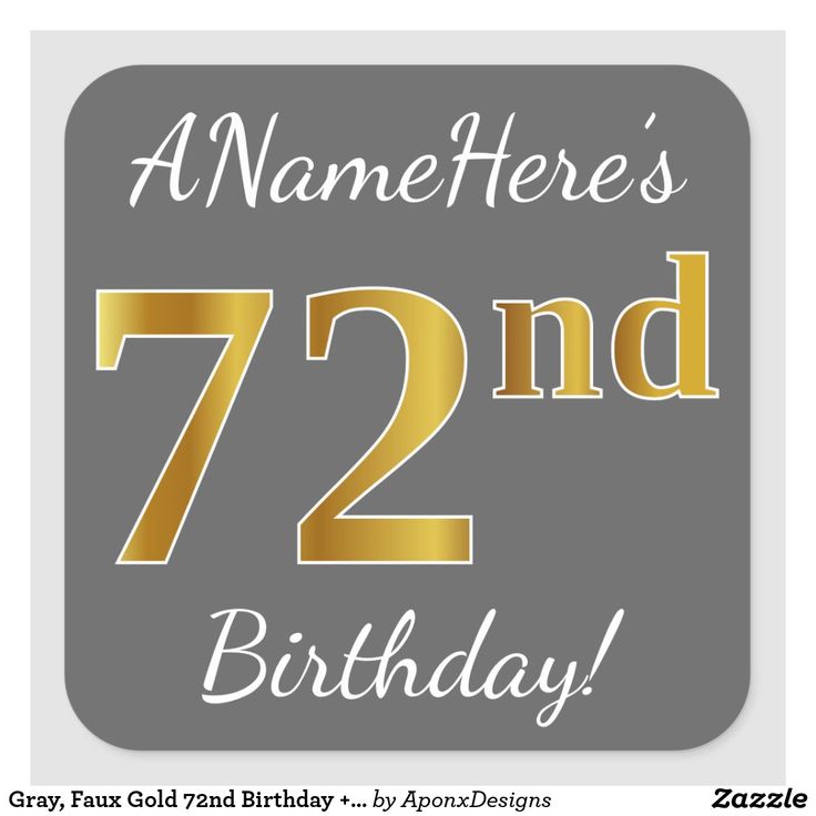 a square birthday card with the number 72nd in gold and silver, on a gray background