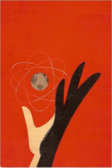 an orange book cover with black hands and the earth in the middle, against a red background