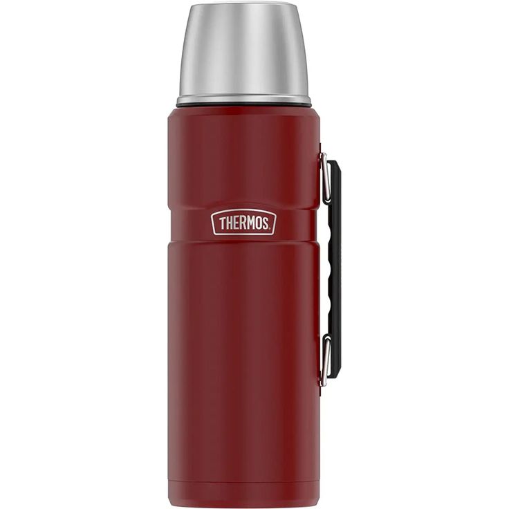 thermos stainless steel insulated food flask in red with silver lid and black handle