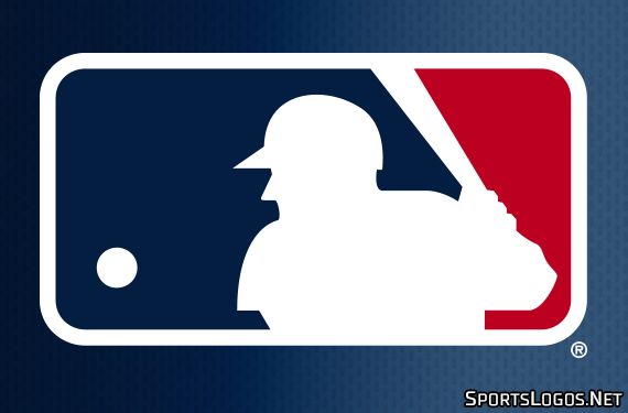 the major league baseball team logo on a blue and red background with an image of a man