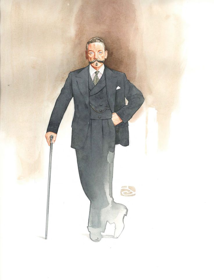 a drawing of a man in a suit with a cane