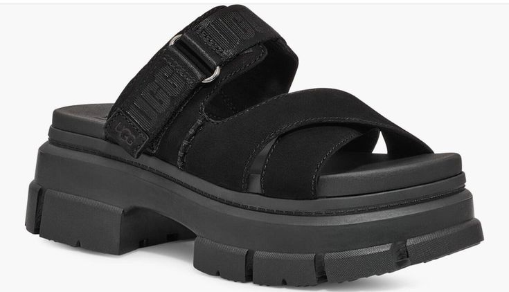 UGG ASHTON BLACK SANDAL ~ EUC ~ SIZE 10 Casual Slip-on Sandals With Chunky Platform, Casual Platform Footbed Sandals With Round Toe, Casual Round Toe Platform Footbed Sandals, Black Platform Slip-on Footbed Sandals, Open Toe Platform Sandals For Streetwear, Leather Chunky Platform Sandals For Streetwear, Casual Footbed Sandals With Chunky Platform For Spring, Black Chunky Platform Sandals For Streetwear, Casual Chunky Platform Sandals In Synthetic