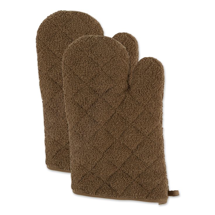 two brown oven mitts sitting next to each other