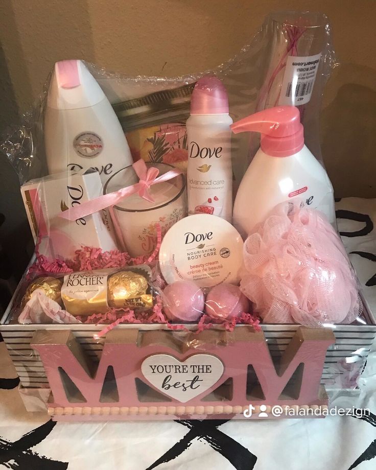 a pink basket filled with personal care items