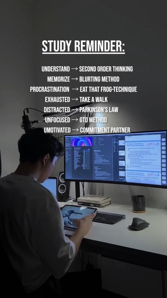 a man sitting in front of a computer monitor on top of a desk with the words study reminder above it