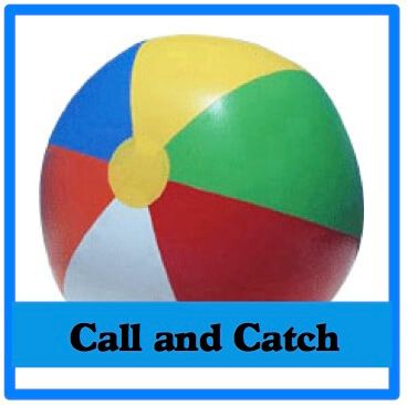 a colorful beach ball with the words call and catch on it's bottom corner