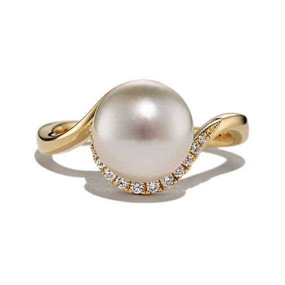 Simple yet sophisticated  this lovely pearl ring is sure to bring a smile to their face. The cultured South Sea pearl has a stunning luster that is sure to impress. All the natural diamonds have been hand-matched for exceptional brilliance and fire. The 14-karat yellow gold is malleable  so you can personalize this ring with a custom engraving. Akoya Pearl Ring With Diamond Accents For Anniversary, Anniversary Akoya Pearl Ring With Diamond Accents, Round Akoya Pearl Diamond Ring With Accents, Akoya Pearl Diamond Ring With Accents, Akoya Pearl Ring With Diamond Accents, Elegant Pearl Rings In Diamond White, Round Diamond Ring With Akoya Pearl And Diamond Accents, Elegant Diamond White Pearl Rings, Diamond White Akoya Pearl Ring For Anniversary