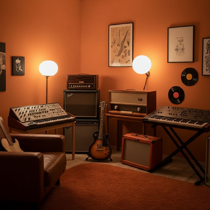 a living room filled with furniture and musical instruments on top of carpeted flooring