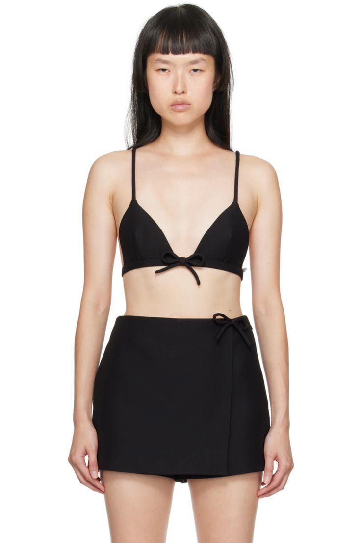 Valentino: Black Bow Bra | SSENSE Chic Fitted Triangle Top Bra, Chic Triangle Top Bra With Straps, Chic Evening Bra With Triangle Top, Chic Evening Bra, Summer Bra With Removable Straps, Summer Evening Bra With Adjustable Straps, Chic Evening Bra With Adjustable Straps, Fitted Triangle Top Bra For Evening, Evening Bra With Adjustable Straps