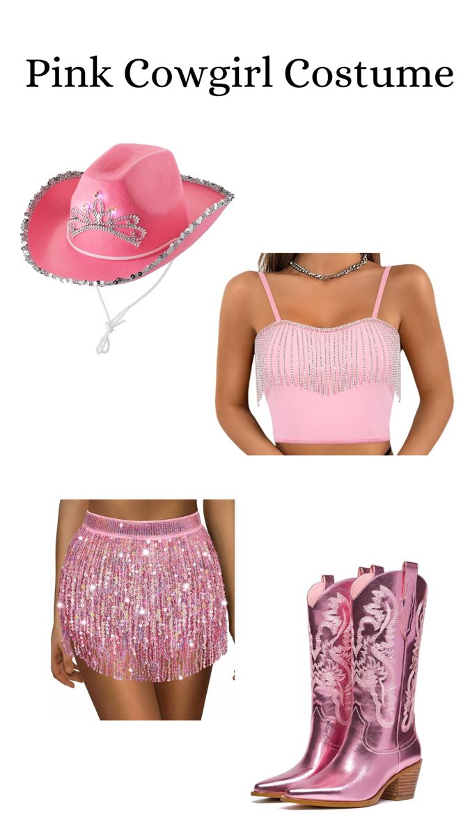 the pink cowgirl costume is shown in three different colors and sizes, including one cowboy hat