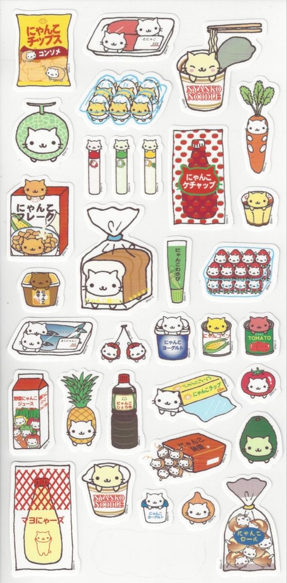 an assortment of stickers with food and drinks on the top, including sushi