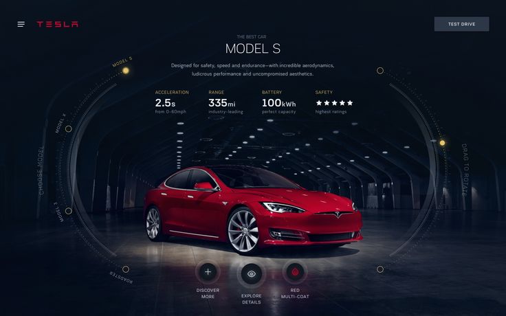 a red tesla model s is shown in front of a dark background with the text model s below it