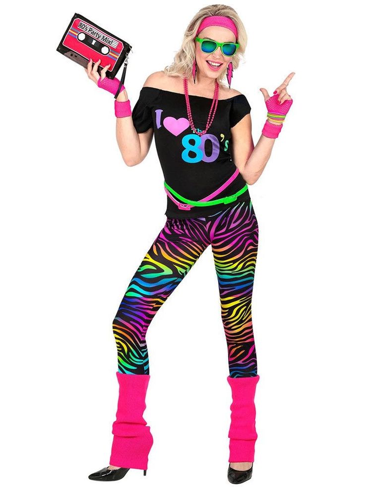 a woman dressed in 80s style clothing and holding an old school cassette player with the number 80 written on it