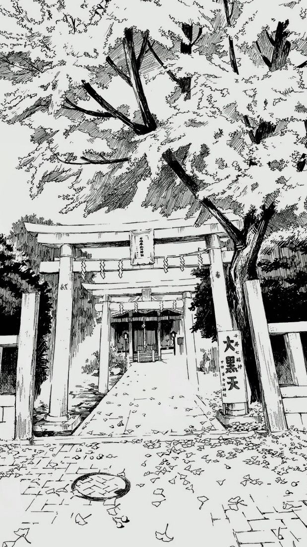 an ink drawing of the entrance to a japanese temple in black and white, with trees on either side