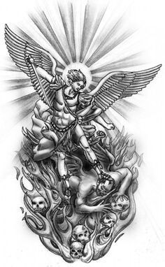 a drawing of an angel surrounded by skulls