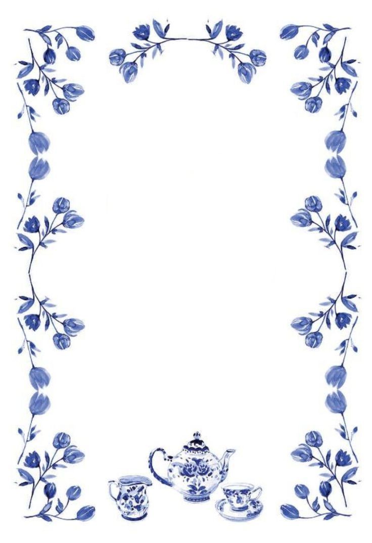 a blue and white photo frame with tea cups